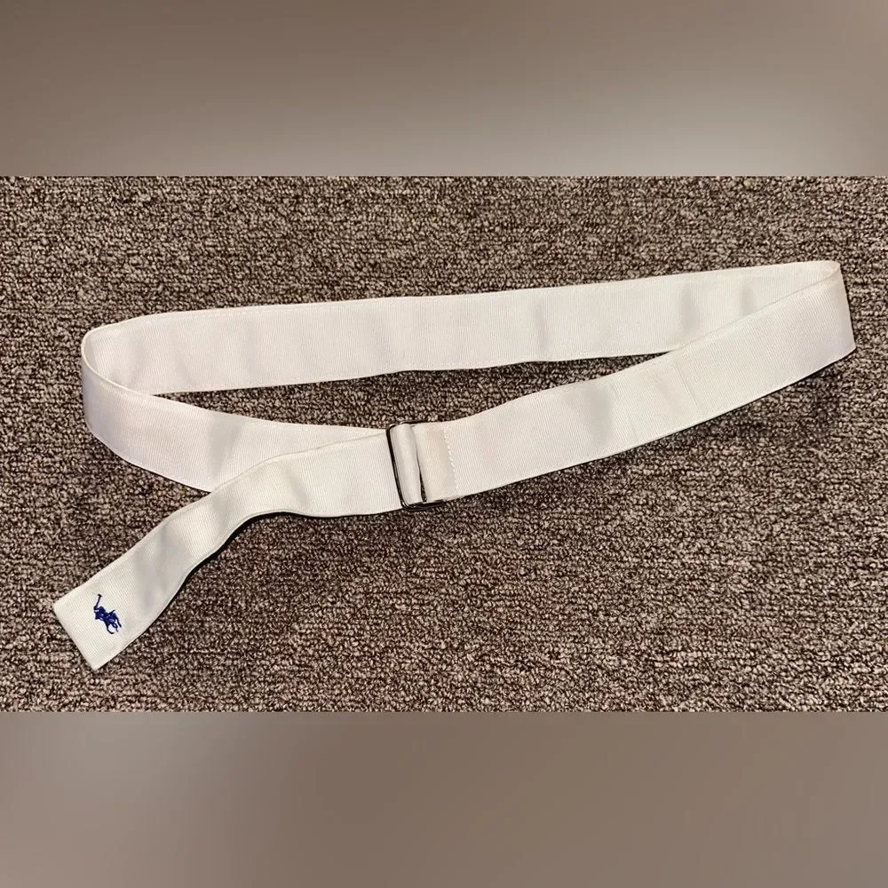 Ralph Lauren White Vintage Ribbon Belt with navy blue Polo Horse Logo